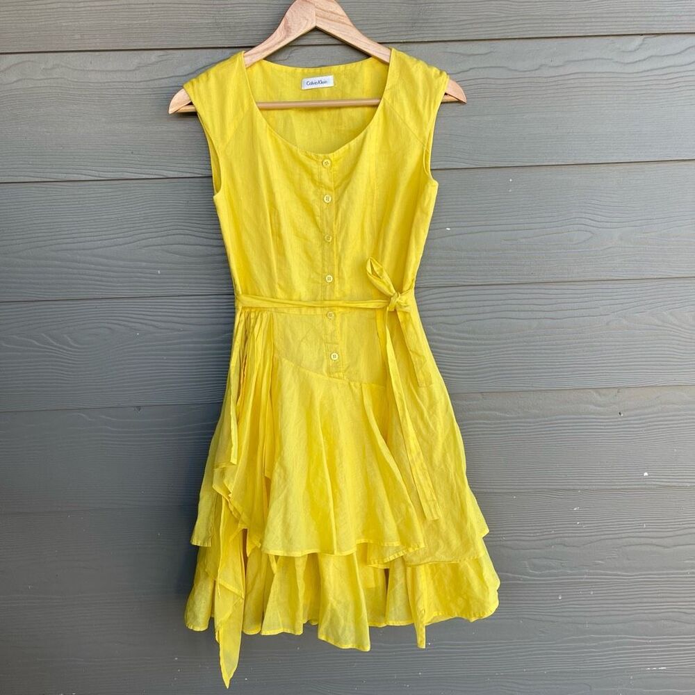 Calvin Klein yellow 100% cotton fit and flare belted dress-fits like size small